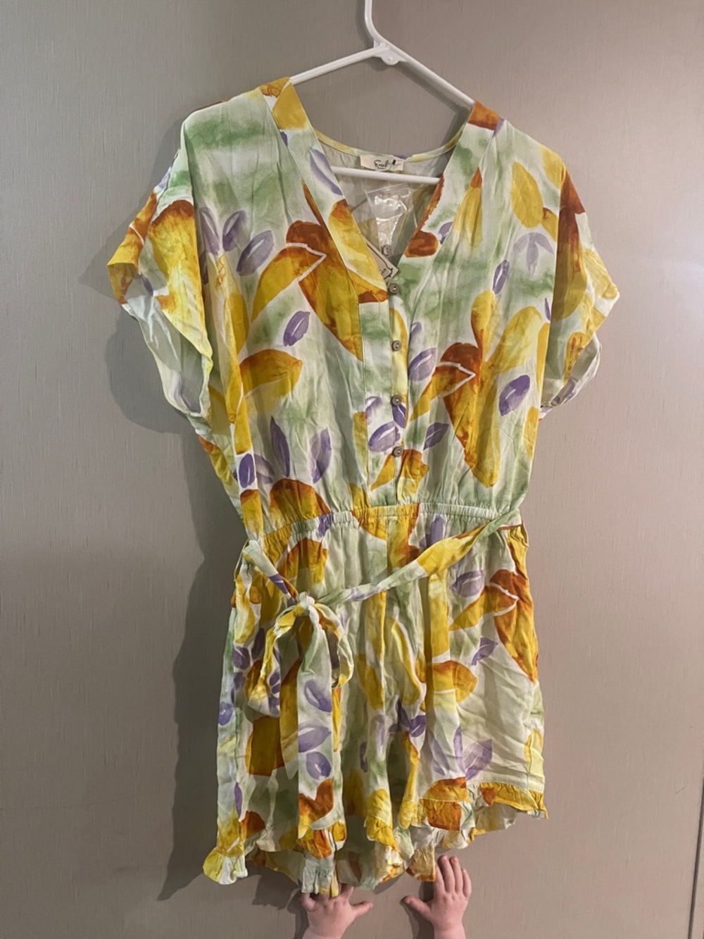 Easel NWT medium Floral Yellow green purple ruffle button down Romper tie rayon